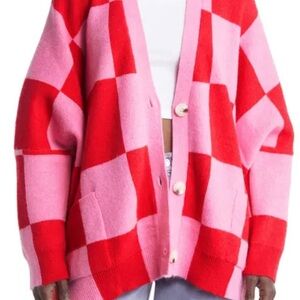 Stylish Red and Pink Checkered Women's Sweater